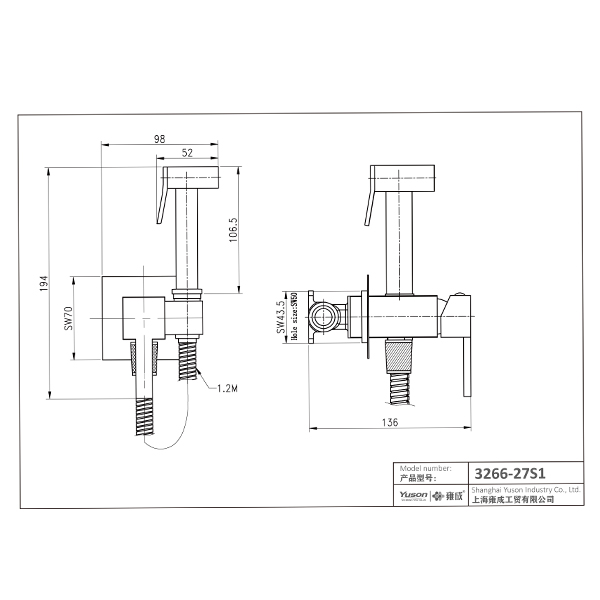 3266-27S1 baterie din alama Baterie monocomand cu apa calda/rece dus cu suport, cu pulverizator bideu din alama, cu furtun de dus 1,2m;